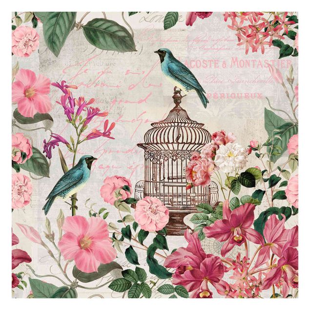 papéis de parede rosa Shabby Chic Collage - Pink Flowers And Blue Birds