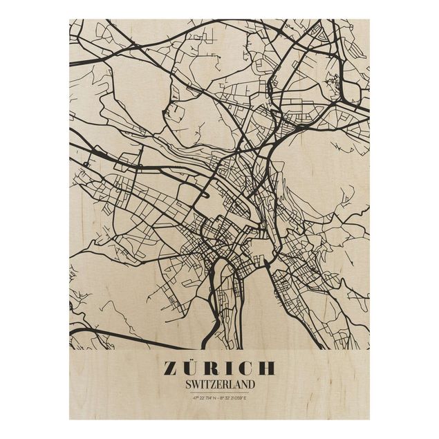 Quadros em madeira frases Zurich City Map - Classic