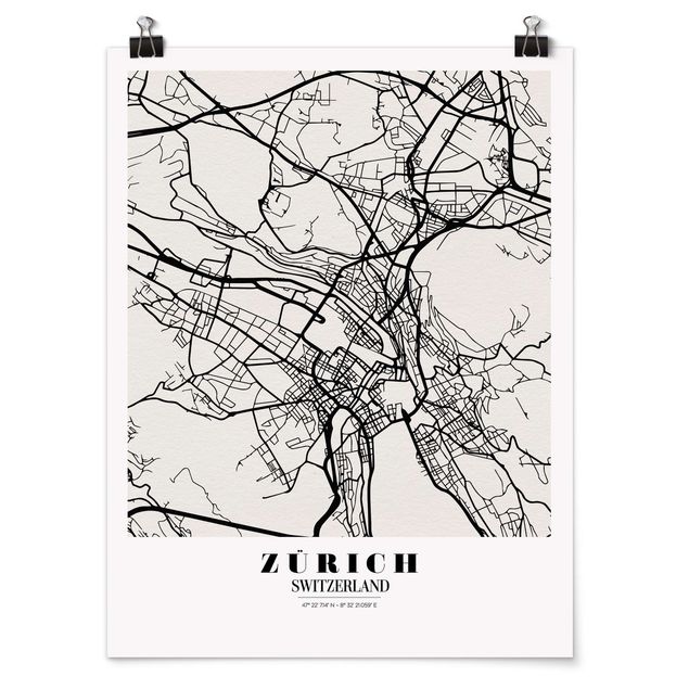Quadros preto e branco Zurich City Map - Classic