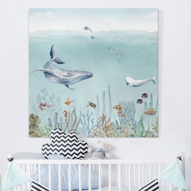 decoração para quartos infantis Dancing whales on the coral reef