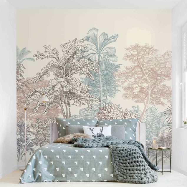 papel parede de floresta Tropical Forest With Palm Trees In Pastel