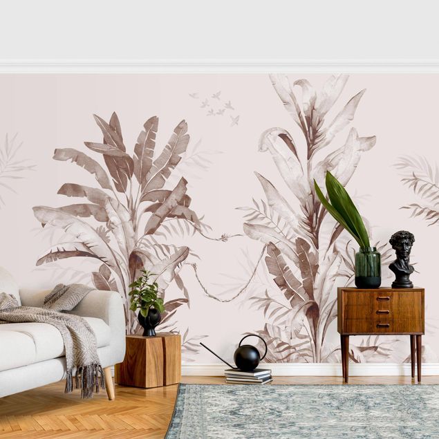 papel de parede moderno Tropical Palm Trees And Leaves Sepia
