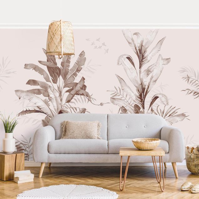 Papel de parede com flores Tropical Palm Trees And Leaves Sepia