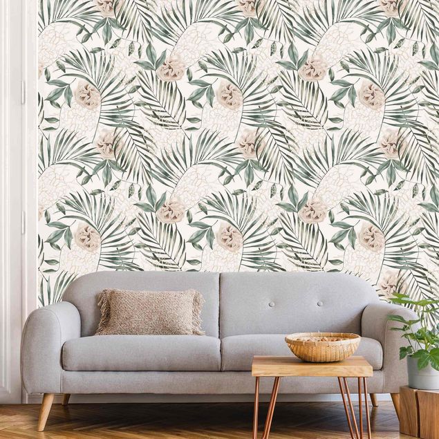 Papel de parede padrões Tropical Palm Bows With Roses Watercolour