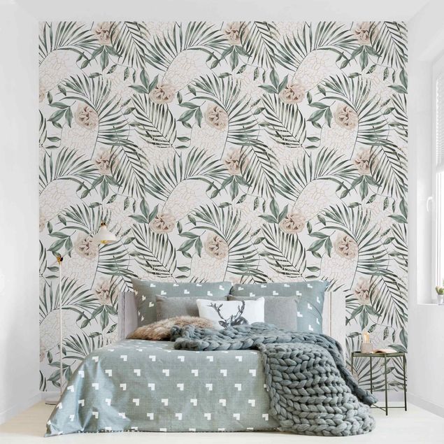 papel de parede moderno Tropical Palm Bows With Roses Watercolour