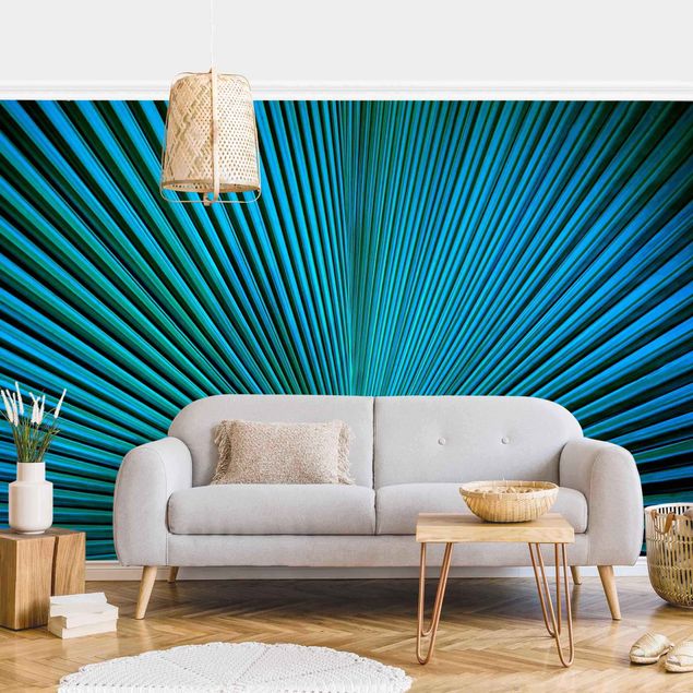 papel de parede moderno para sala Tropical Plants Palm Leaf In Turquoise ll