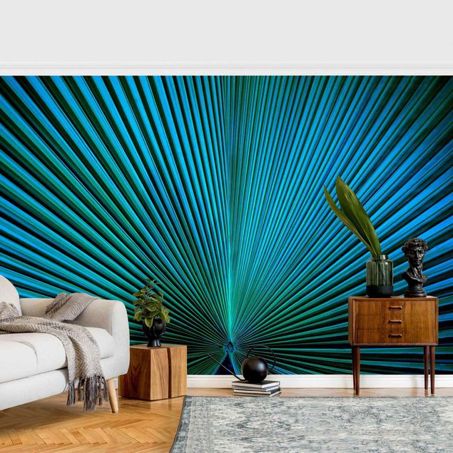 papel de parede com paisagem Tropical Plants Palm Leaf In Turquoise ll