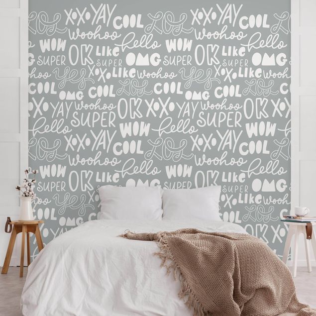 papel de parede para quarto de casal moderno Typography Hello Super Wow On Grey