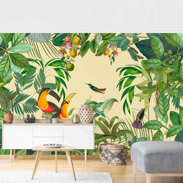 papel de parede floral vintage Vintage collage - birds in the jungle