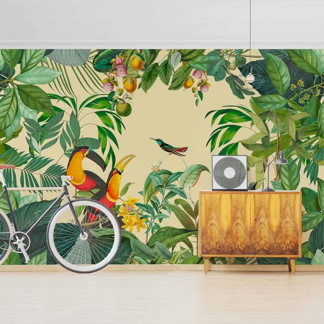 papel de parede moderno para sala Vintage collage - birds in the jungle