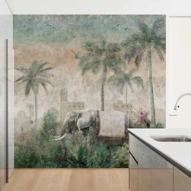 Papel de parede elefantes Vintage Jungle Scene with Elephant