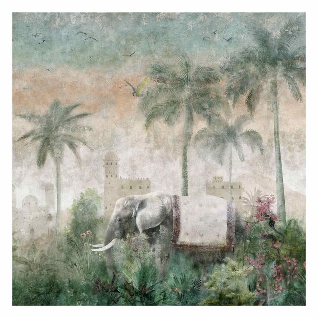 mural para parede Vintage Jungle Scene with Elephant