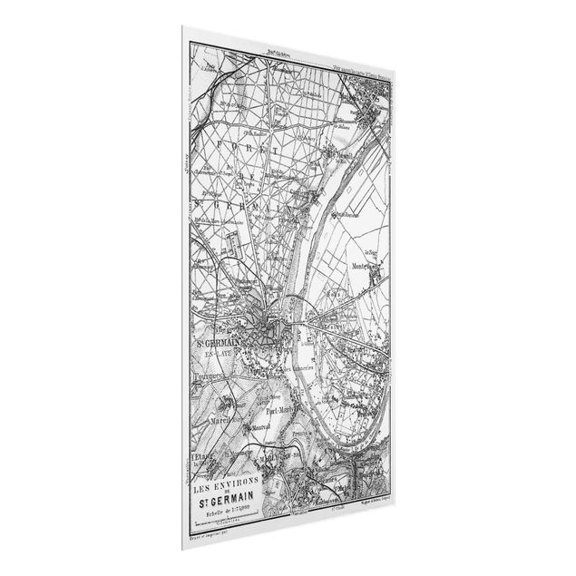 Quadros em vidro em preto e branco Vintage Map St Germain Paris
