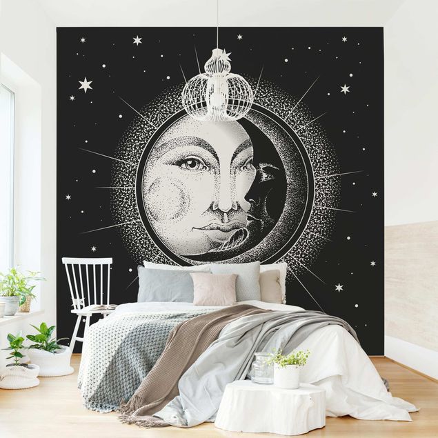 Papel de parede céu Vintage Sun And Moon Illustration