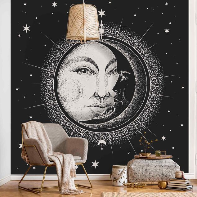 papel parede vintage Vintage Sun And Moon Illustration