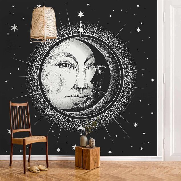 papel de parede para quarto de casal moderno Vintage Sun And Moon Illustration
