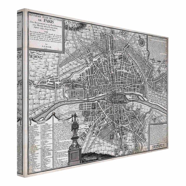Telas decorativas réplicas de quadros famosos Vintage Map City Of Paris Around 1600