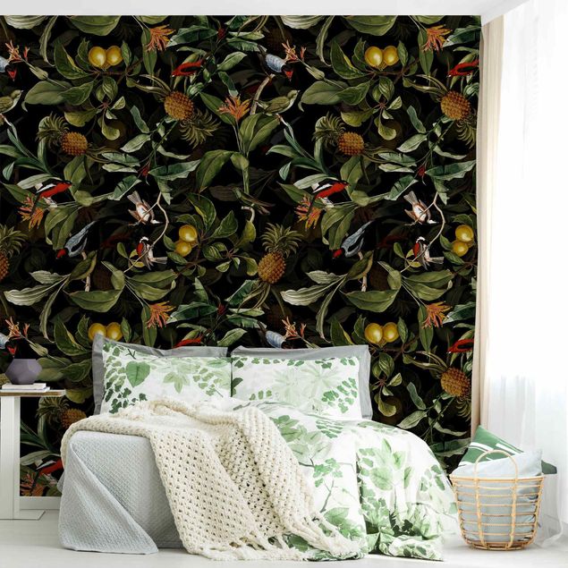 papel de parede para quarto de casal moderno Birds With Pineapple Green