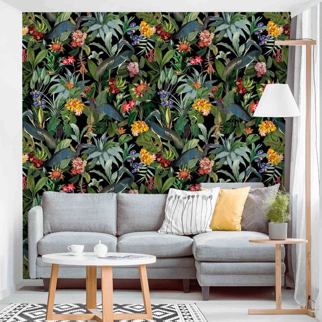 Papel de parede padrões Birds With Tropical Flowers
