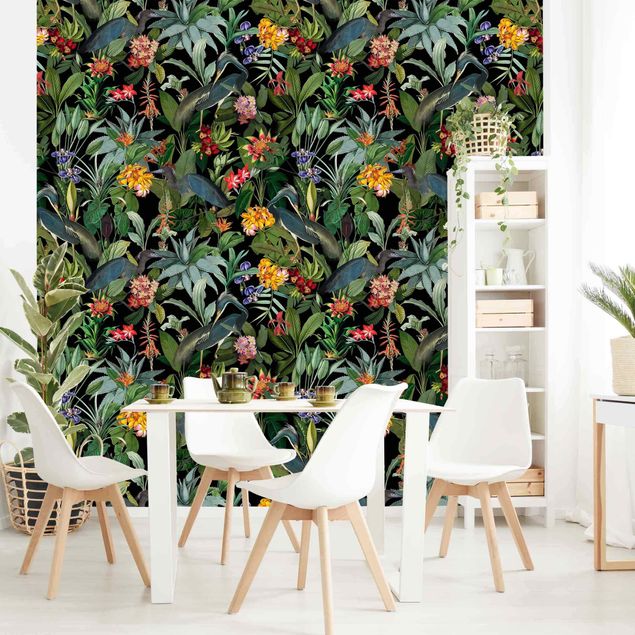 papel de parede moderno para sala Birds With Tropical Flowers