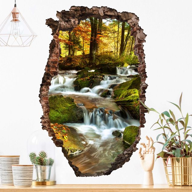 Autocolantes de parede 3D Waterfall Forest In The Fall