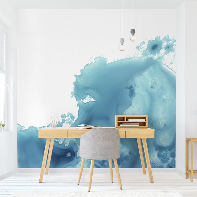 papel de parede moderno para sala Wave Watercolour Turquoise II