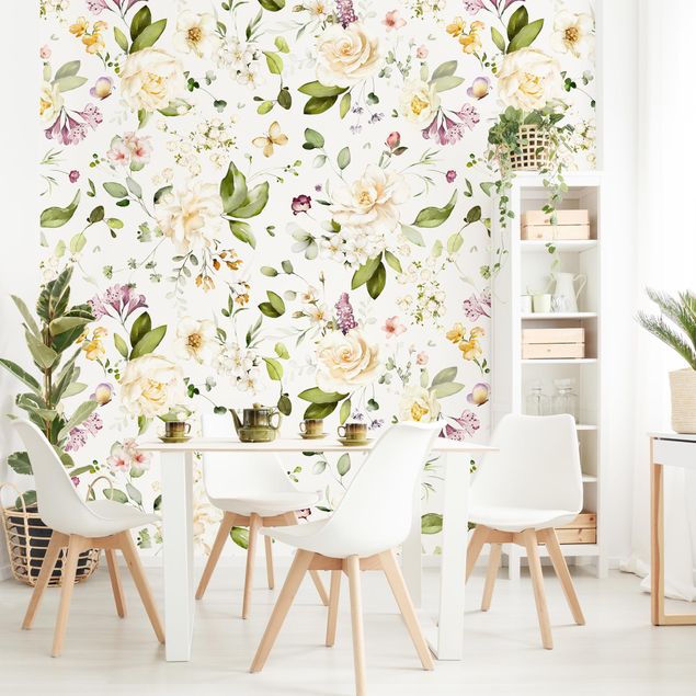 Papel de parede borboletas Wildflowers and White Roses Watercolour Pattern