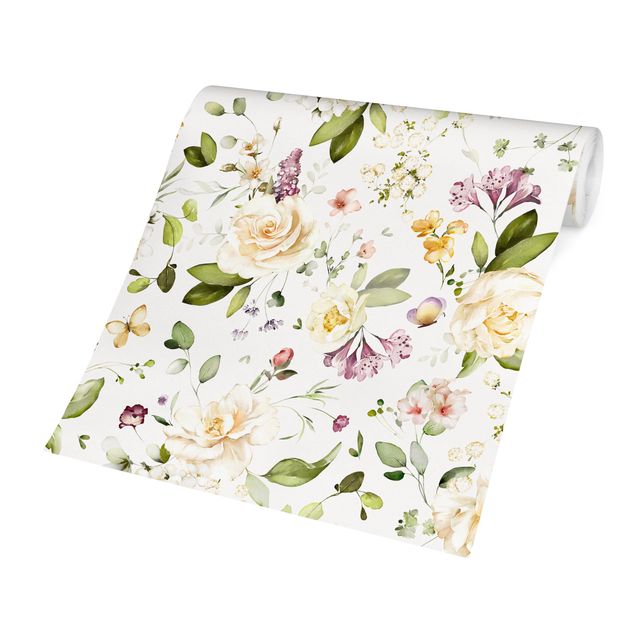 Papel de parede animais Wildflowers and White Roses Watercolour Pattern