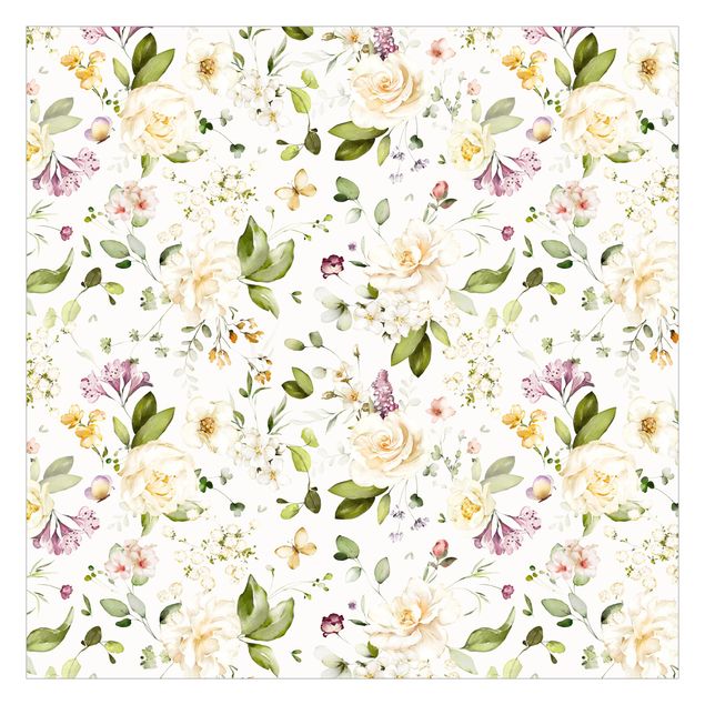 Papel de parede branco Wildflowers and White Roses Watercolour Pattern