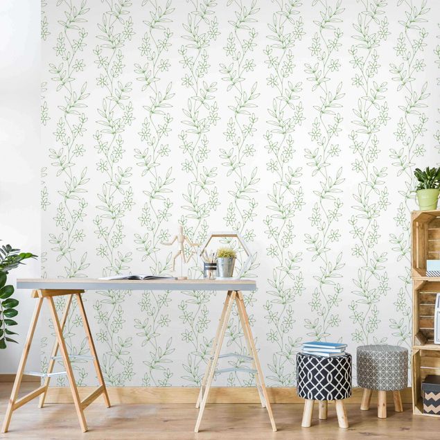 papel parede vintage Delicate Climbing Flowers In Green