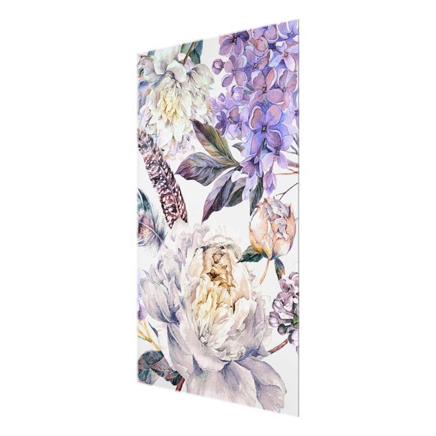 decoração quadros Delicate Watercolour Boho Flowers And Feathers Pattern