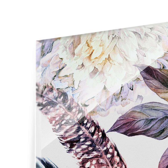 quadro de vidro Delicate Watercolour Boho Flowers And Feathers Pattern