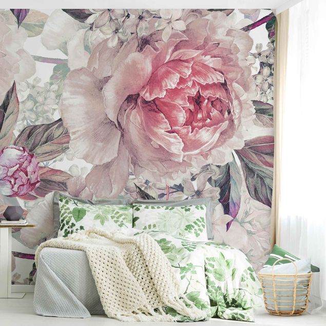 Papel de parede rosas Delicate Watercolour Peony Pattern