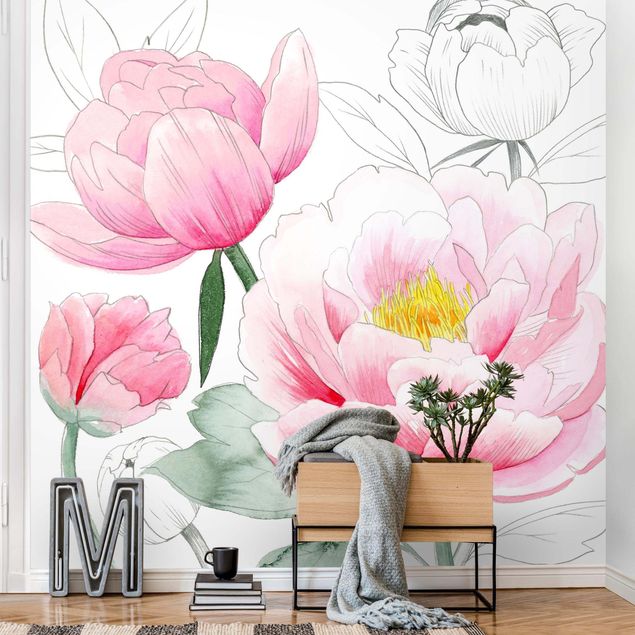 papel de parede moderno para sala Drawing Light Pink Peonies