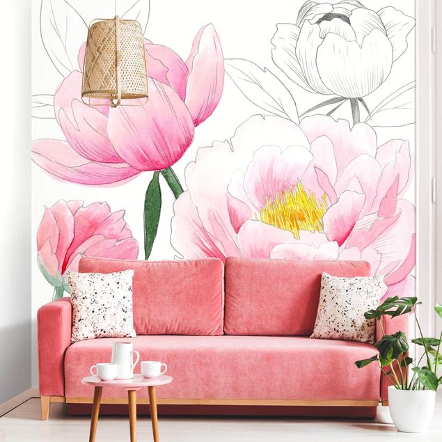 papel parede de flor Drawing Light Pink Peonies