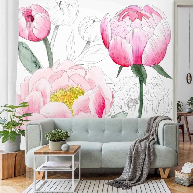 papel de parede moderno para sala Drawing Light Pink Peonies II