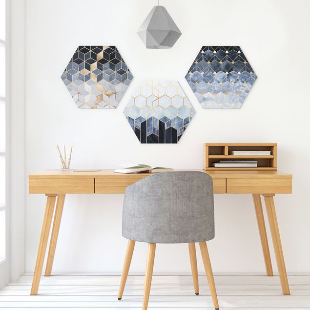 Quadros famosos Blue White Golden Hexagons Set