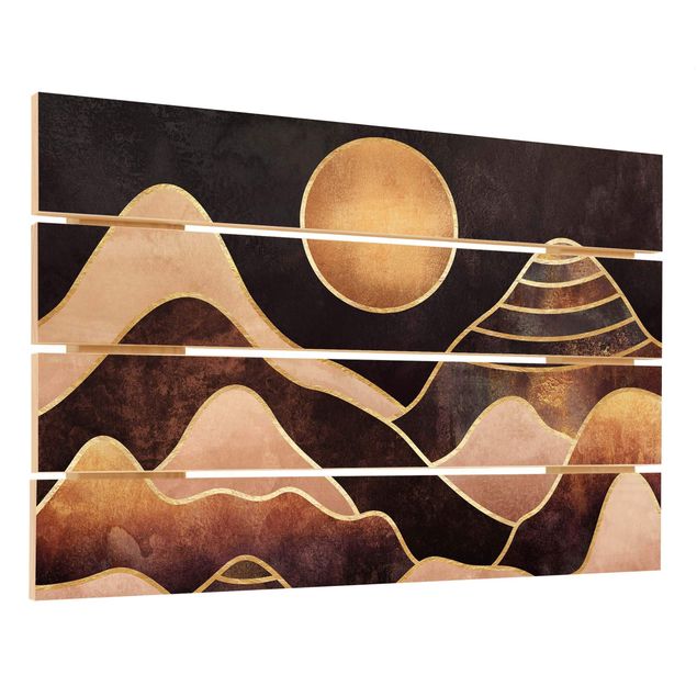 quadros em madeira para decoração Golden Sun Abstract Mountains