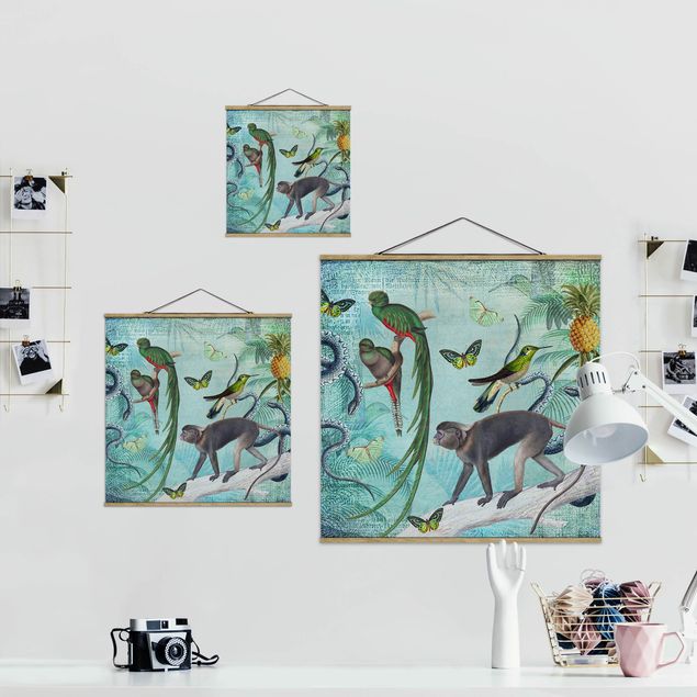 quadro decorativo verde Colonial Style Collage - Monkeys And Birds Of Paradise