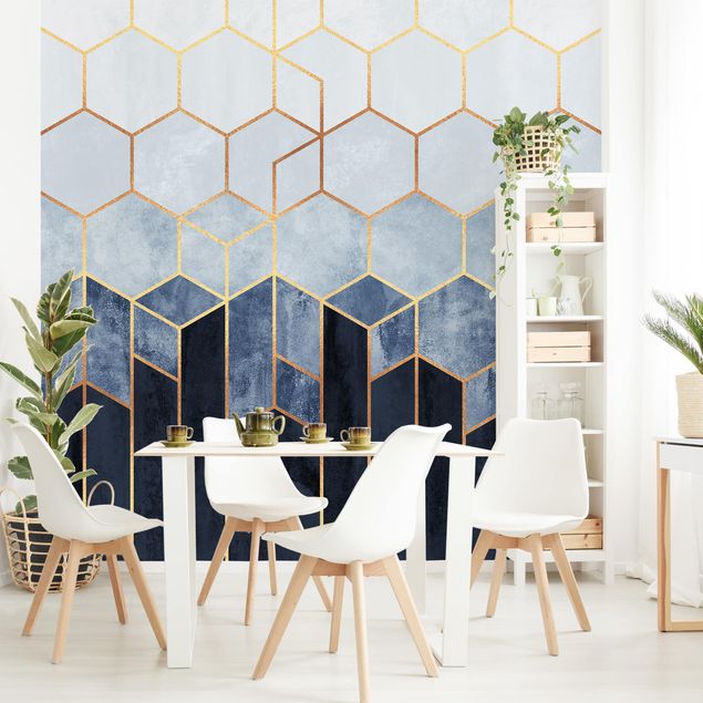 Papel de parede padrões Golden Hexagons Blue White