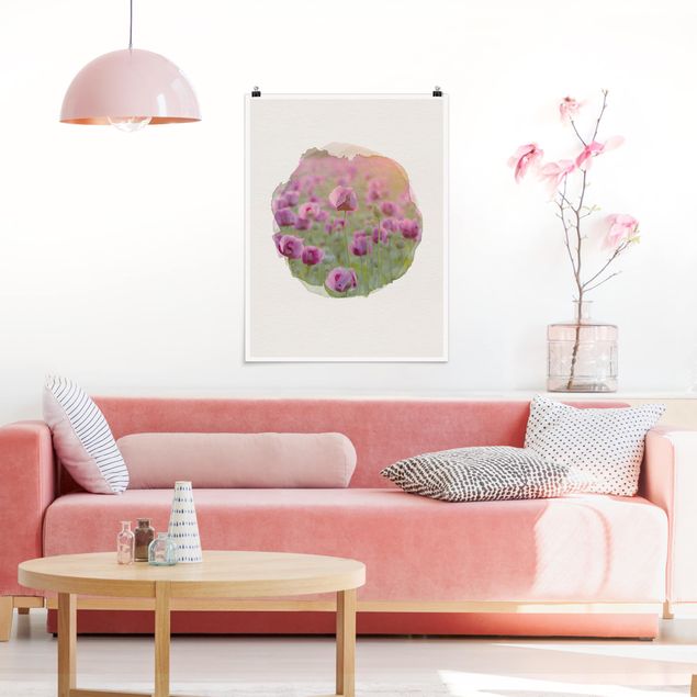 Posters flores WaterColours - Violet Poppy Flowers Meadow In Spring