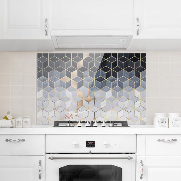 Painel anti-salpicos de cozinha padrões Blue White Golden Geometry