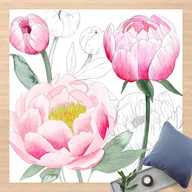 Tapetes exteriores Drawing Light Pink Peonies II
