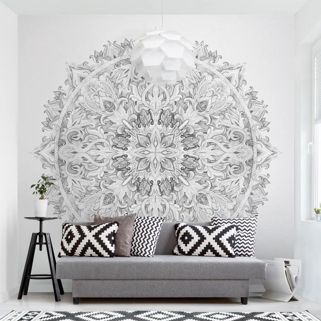 Papel de parede preto e branco Mandala Watercolour Ornament Black And White