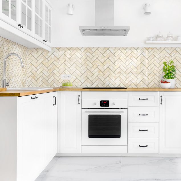 Backsplash de cozinha imitação azulejos Marble Fish Bone Tiles - Sand Dark Joints