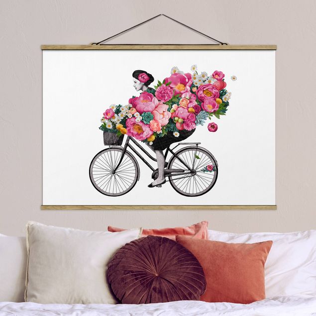 decoraçao para parede de cozinha Illustration Woman On Bicycle Collage Colourful Flowers