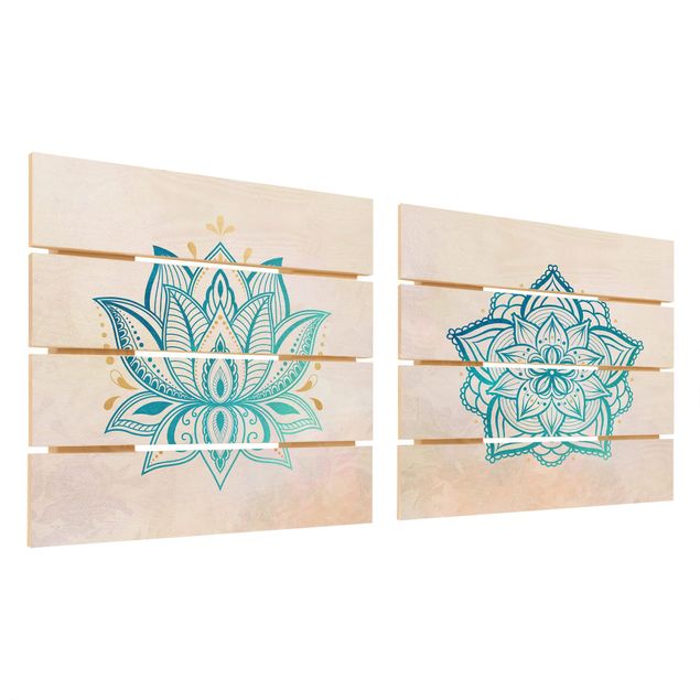 Quadros em madeira 2 partes Mandala Hamsa Hand Lotus Set Gold Blue