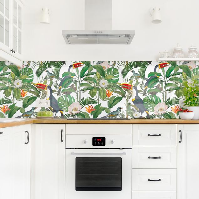 Painel antisalpicos Tropical Toucan With Monstera And Palm Leaves