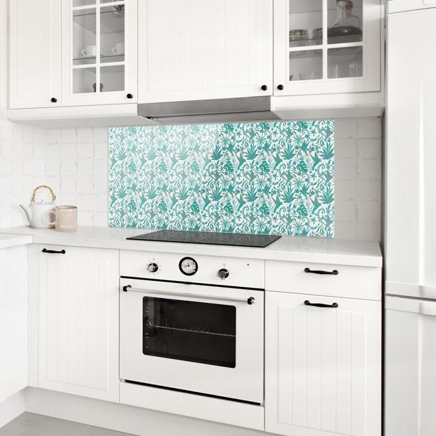 Painel anti-salpicos de cozinha flores Watercolour Hummingbird And Plant Silhouettes Pattern In Turquoise