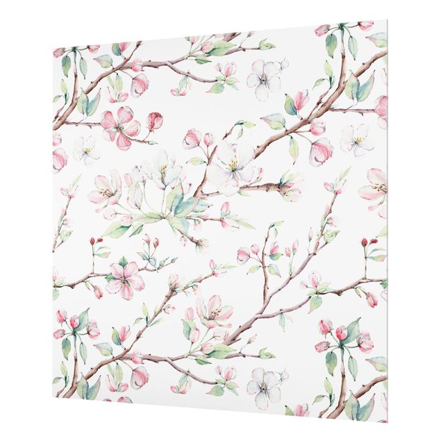 Painel anti-salpicos de cozinha Watercolour Branches Of Apple Blossom In Light Pink And White